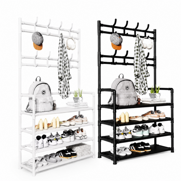 Scaffale Multiuso 4 Ripiani con Appendiabiti e Ganci – Scarpiera Salvaspazio in Acciaio 60x26x152 cm – Organizzatore Ingresso per Scarpe, Giacche, Borse e Accessori – Nero o Bianco